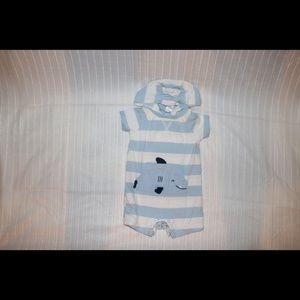 Baby white and blue shark pocket romper.